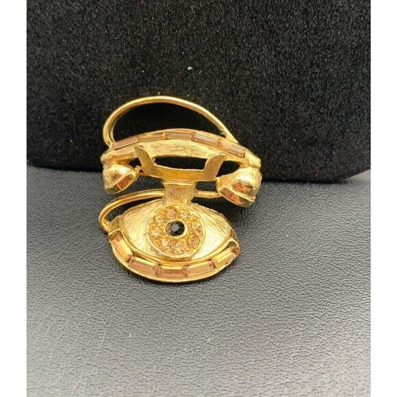 Vintage Pell Pin Rotary Phone Brooch Retro Style Crystal Gold Tone Signed - Picture 1 of 5